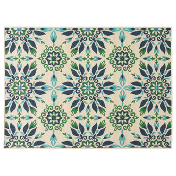 Phoebe Outdoor Medallion Area Rug, Ivory and Blue, 5'3"x7'
