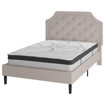 Brighton Full Size Tufted Upholstered Platform Bed in Beige Fabric with 10...