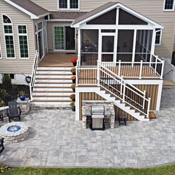 Porch, TimberTech Tigerwood Deck Mocha Border, Paver Patio, Firepit, Lighting