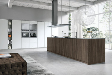 Minimalist concrete floor and gray floor open concept kitchen photo in Toronto with flat-panel cabinets, white cabinets, stainless steel appliances and an island