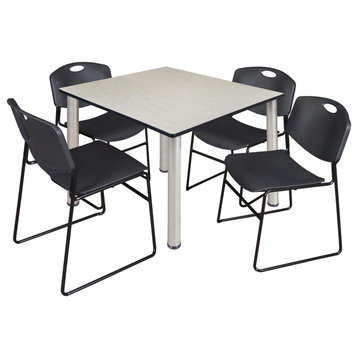 Kee 48" Square Breakroom Table- Maple/ Chrome & 4 Zeng Stack Chairs- Black