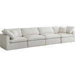 Meridian Furniture - Plush Velvet / Down Standard Comfort Modular Sofa, Cream, 4-Piece: 2 Armless Chair, 2 Corner Chair - No matter how big or little the size of your gang, they can all find their sweet spot when you choose pieces from the Plush collection to build your ideal seating group. Choose this individual Plush piece or pair multiple pieces together to get the custom look everyone will love. The soft cream velvet material is soft and welcoming to the touch, and the set's cushions are overstuffed with a down and feather blend to provide ample support for tired bodies.
