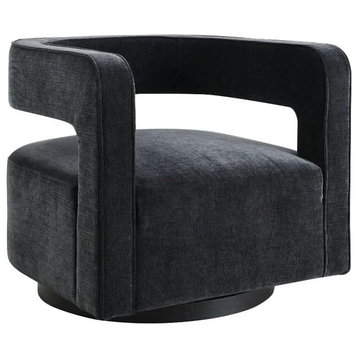 Modern Accent Chair, Swivel Design With Velvet Seat & Curved Backrest, Black