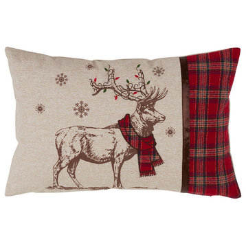 Classic Plaid Holiday Filled Decorative Throw Pillow 18"x18", Natural Reindeer