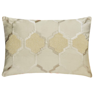 Ivory Jacquard 12"x22" Lumbar Pillow Cover, Lattice, Trellis Beaded Aafreen