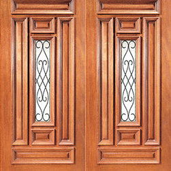 Prehung Mahogany Center Lite House Double Door with Ironwork - Front Doors