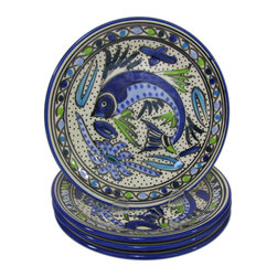 Le Souk Ceramique - Stoneware Side Plates, Set of 4, Aqua Fish Design - Salad And Dessert Plates