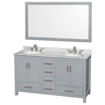 60" Double Vanity,Gray,White Carrara Marble Top,Undermount Oval Sinks,58" Mirror