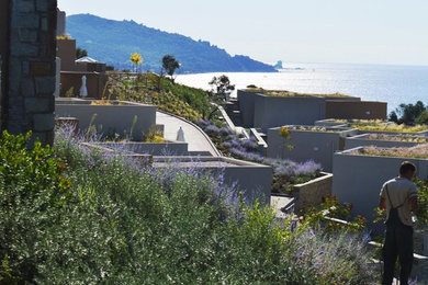 他の地域にある広い地中海スタイルのおしゃれな屋上庭園の写真