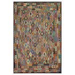Bareens Designer Rugs - Retro Turkish Kilim Deloras Hand-Woven Wool Rug - 10'2'' x 12'8'' - Elevate the elegance of your home with this stunning hand-woven tribal Kilim wool rug. Meticulously crafted on a loom by the Nomad Turkman people using hand-spun wool and 100% natural vegetable dyes, these rugs are recognized for their repetitive geometric patterns, incorporating naturalistic floral and traditional designs. The contemporary fashion palette results in bold, sharp patterns that are incredibly versatile, as the pattern is the same on both sides. These reversible rugs feature a lighter shade on one side and brighter colors on the other, providing versatility according to preference. These unique rugs are made by knotting short strands of different colors onto the warps and securing them by tightly pressing the wefts. The designs are created by interweaving the various colored wefts and warps. Kilims are known for their exceptional durability and versatility, making them truly unique rugs.  Product Details    Rug Size: 10'2'' x 12'8''  Material: 100% Wool  Style: Kilim, Flat Weave, Dhurrie, Turkish, Southwestern, Rustic, Tribal  Colors: Rust, Brown  Weave Type: Hand-Woven, Handmade  Pile Height: Less than 0.25 inch