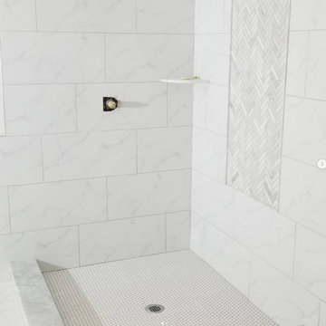 Bright White Walk In Shower Remodel With Herringbone Accent Tile