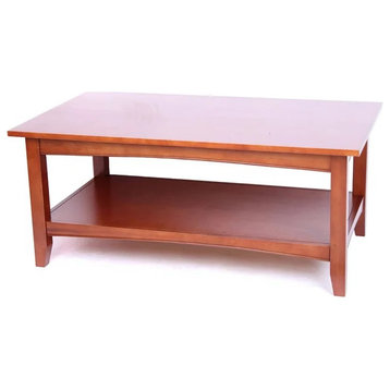 Traditional Coffee Table, Rectangular Wooden Top With Bottom Open Shelf, Cherry