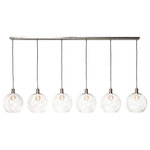 Harp and Finial - Luca Nickel Pendant Large Nickel Finished Metal Clear Glass Globes - The Luca Pendant light has a nickel metal frame from which hangs a straight line of six bulbs within clear glass globe shades. The contrast of straight lines and spheres makes this pendant light stand out in any space. Though it works especially well in a dining room, you can enjoy the bright illumination and gleaming nickel accents of this ceiling light in any part of your home.