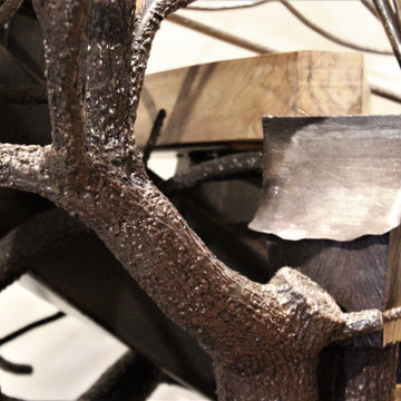 Rustic Metal Railing, Floating Staircase with Tree