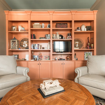 Cozy and Colorful Den with Built in Bookcase