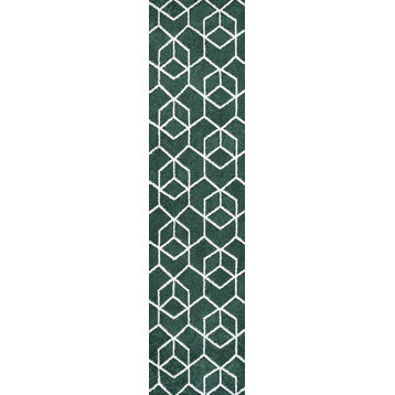 Tumbling Blocks Geometric Green/White 2'x8' Runner Rug