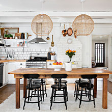 Kitchen with no uppers, lots pf shelves