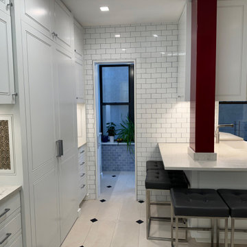 Red Lacquered Pipe Chase Column, Kitchen Bar and Pantry