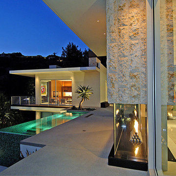 Hollywood Hills Glass Tile Swimming Pool, Vanishing Edge Spa, Entry Watershape