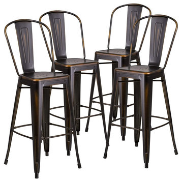Set of 4 Bar Stool, Ergonomic Design With Removable Back, Distressed Copper
