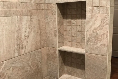 Mid-sized transitional master beige tile and ceramic tile ceramic tile and beige floor bathroom photo in Austin with beige walls