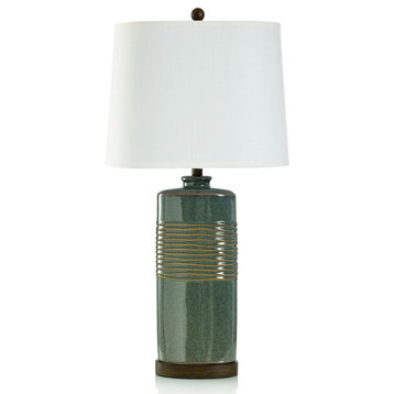 Speckled Glaze Table Lamp Gold and Green Gloss Ceramic Body White Shade