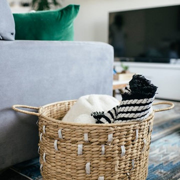 Living Room, layered decor, boho, modern, eclectic, basket, blankets, storage