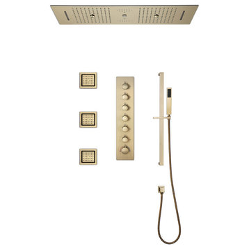 Thermostatic Rain Shower System 6 Functions Massage Music Remote Controlled LED, Brushed Gold