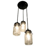 The Lamp Goods - Mason Jar Chandelier Trio With Vintage Quart Jars, Antique Black - A handcrafted chandelier lights a trio of clear, vintage canning jars keeping their aged charm with the original wire-bails and raised lettering.