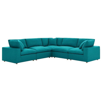 Modway Commix 5-Piece Fabric Down Filled Corner Sectional Sofa Set in Teal