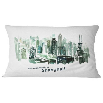 Shanghai Vector Illustration Cityscape Painting Throw Pillow, 12"x20"