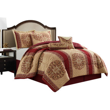 Myhand 7 Piece Damask Comforter Set, Gold/Wine, California King