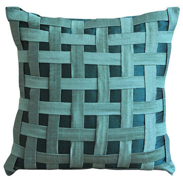 Peacock Green N Teal Basket Weave, 18"x18" Art Silk Teal Blue Pillows Cover