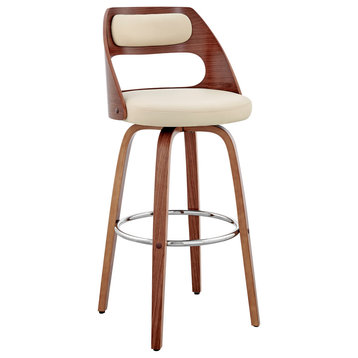 Julius Faux Leather and Wood Bar Stool, Cream and Walnut, 26"