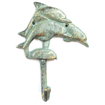 Antique Seaworn Bronze Cast Iron Dolphins Wall Hook 6"