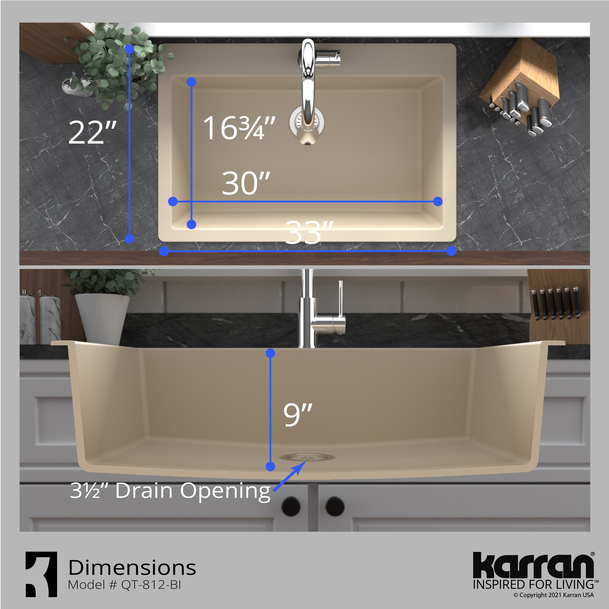 Karran QT-812 Top Mount 33" Large Single Bowl Quartz Kitchen Sink, Bisque