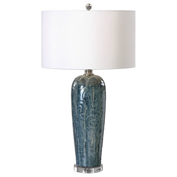 Embossed Blue Scroll Table Lamp, Ivory White Shade Ornate Romantic Gloss