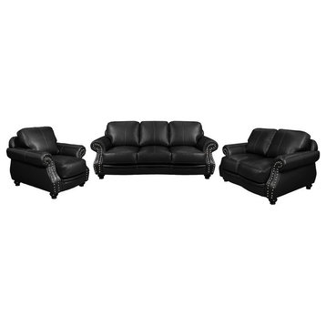 Sunset Trading Charleston 3-Piece Top-Grain Leather Living Room Set in Black
