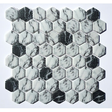 Glass Mosaic Tile Sheet Palazzo Hexagon 1.5" Black And White Marble