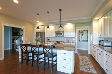 Eat-in kitchen - large l-shaped dark wood floor eat-in kitchen idea in Boston with white cabinets, granite countertops, an island and brown countertops