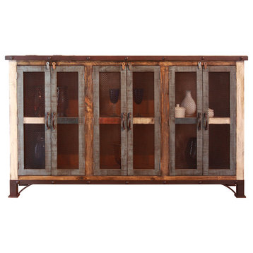 Bayshore Rustic Solid Pine Wood 6-Door Sideboard, Mesh Doors