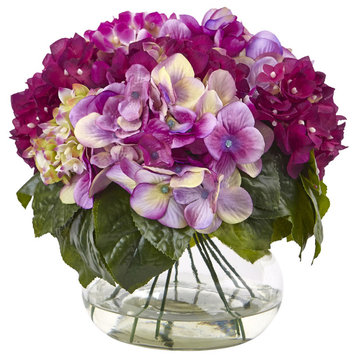 Multi-Tone Beauty Hydrangea With Round Glass Vase