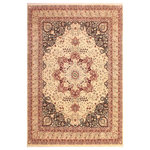 Bareens Designer Rugs - Antique Vegetable Dyed Lezlie Beige/Red Wool Rug - 9'4'' x 12'5'' - Designed with mesmerizing intricacy and gorgeous color palette, this hand-knotted masterpiece demonstrates the beauty and electrifying thrill of Pak Persian art. These meticulously hand-knotted Pak-Persian rug is made with pure wool and features breathtaking traditional, transitional, and tribal designs in bold luxurious color pallets. Known for their intricate designs these rugs are a reproduction of Persian rugs, made in Pakistan with unique Mughal designs. Made by master weavers using the same Persian texture, design and dying technique, we wanted to produce the most significant manifestation of Persian art, life, and culture. This rug is most famous for its exceptional quality, incredible designs, patterns, and vibrant rich color. Pak-Persian rugs made with Persian weave with high knot counts, which enables the high intricacy and detail found in the patterns are also referred to as "State of art", each color adds a rich beautiful detail in the artwork of this rug. The design, color, and beautiful chromatic composition with a vibrant sheen with intricate designs, exude beauty, elegance, and quality make this rug a masterpiece of its own.