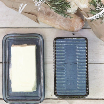 Pressed Glass Butter Box With Lid - Blue