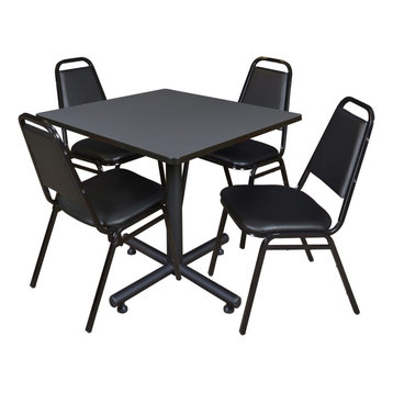 Kobe 36" Square Breakroom Table- Grey & 4 Restaurant Stack Chairs- Black