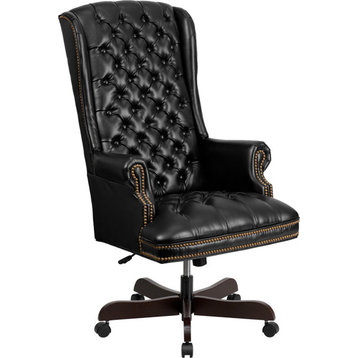 High Back Traditional Tufted Black Leather Executive Swivel Chair With Arms