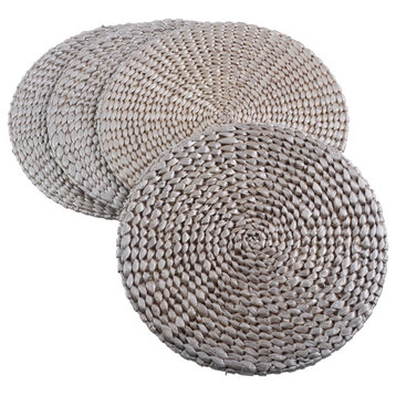 Natural Water Hyacinth Round Hand Woven Rattan Placemat, Set of 4, Silver