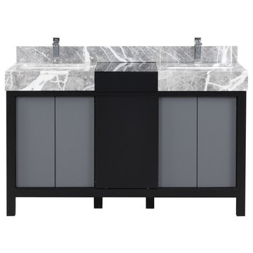 Zilara 55 Black, Grey DB Vanity, Grey Marble Tops, Sinks, Chrome Faucet Set