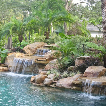 Tropical gardens and pool waterfalls in Miami