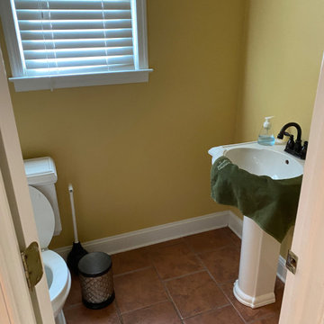 Powder Room Renovation – Black & White Floor + Oak Vanity